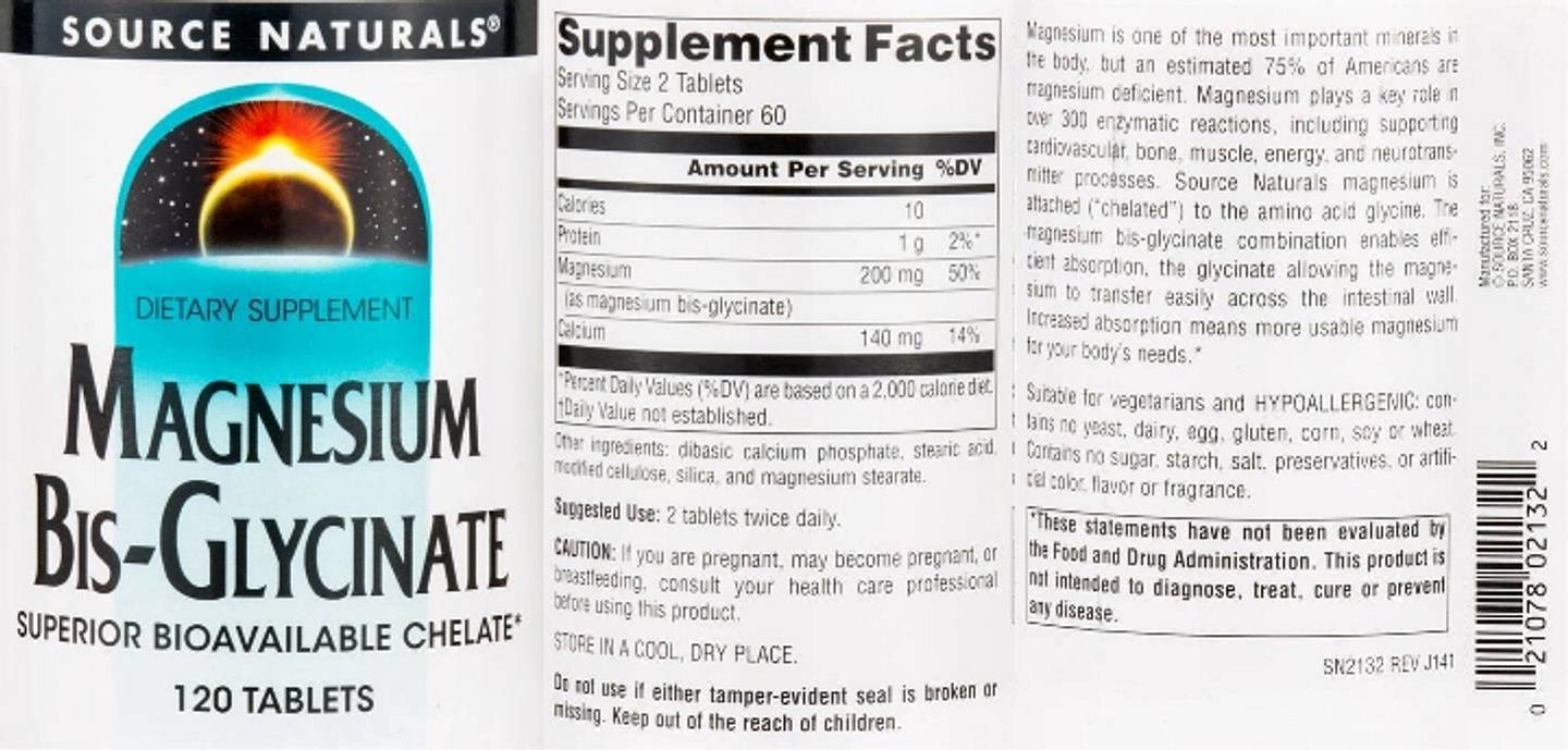 Source Naturals, Magnesium Bis-Glycinate label