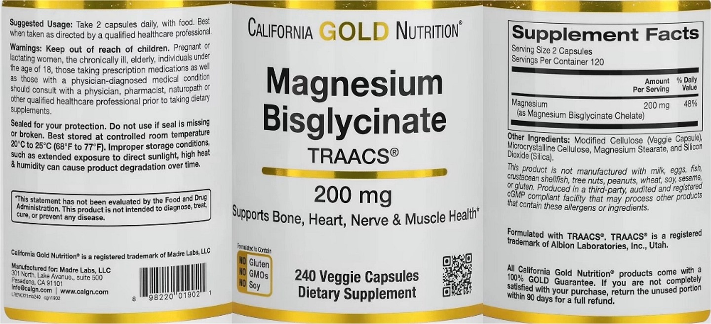 California Gold Nutrition, Magnesium Bisglycinate label