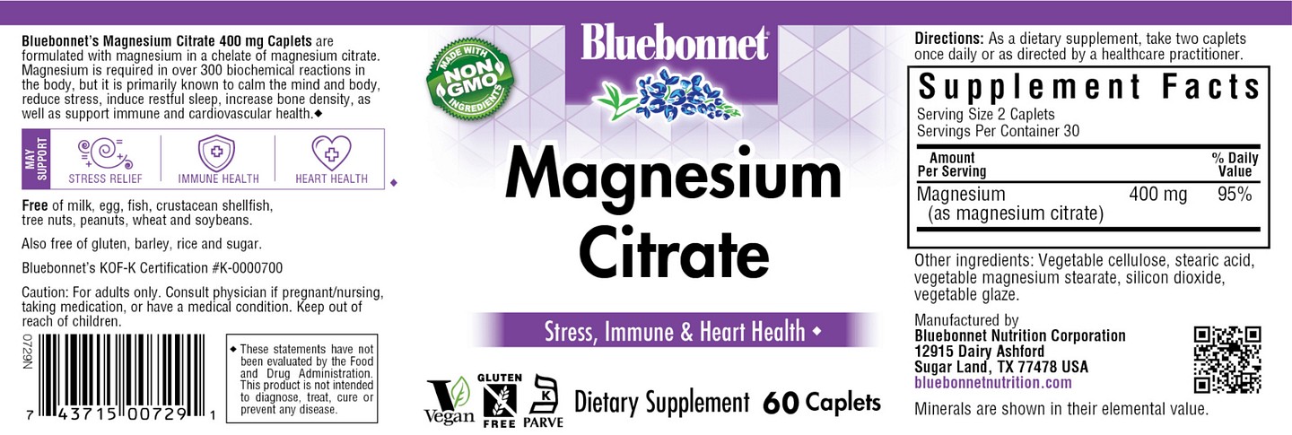 Bluebonnet Nutrition, Magnesium Citrate label