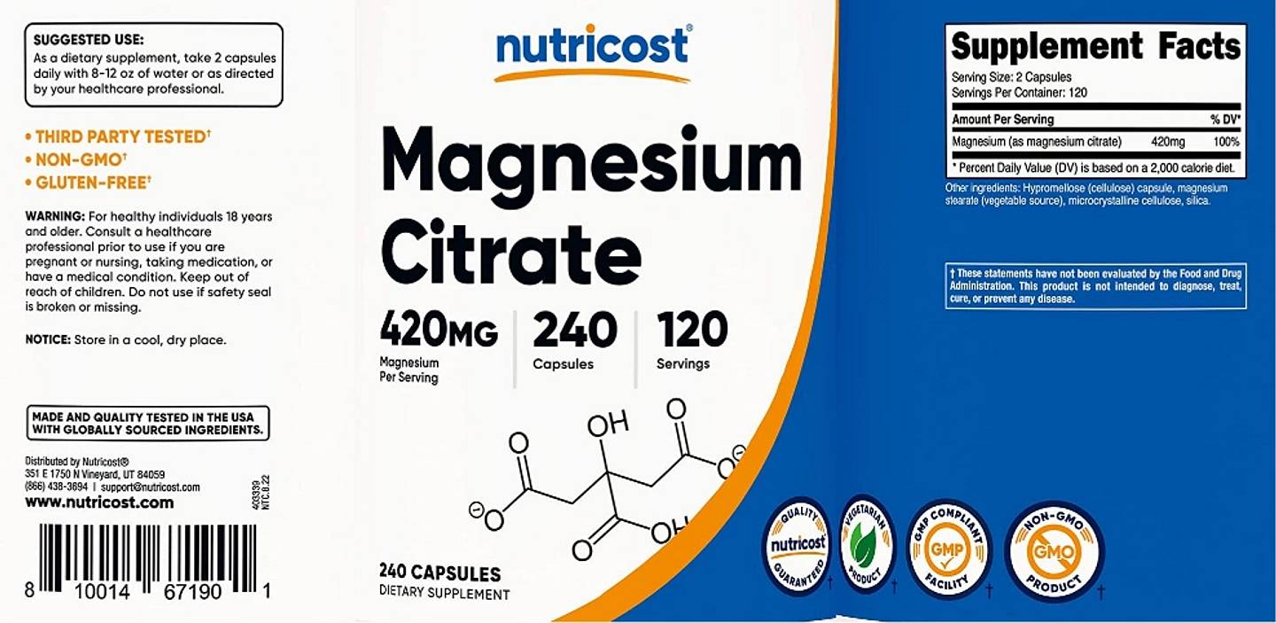 Nutricost, Magnesium Citrate label