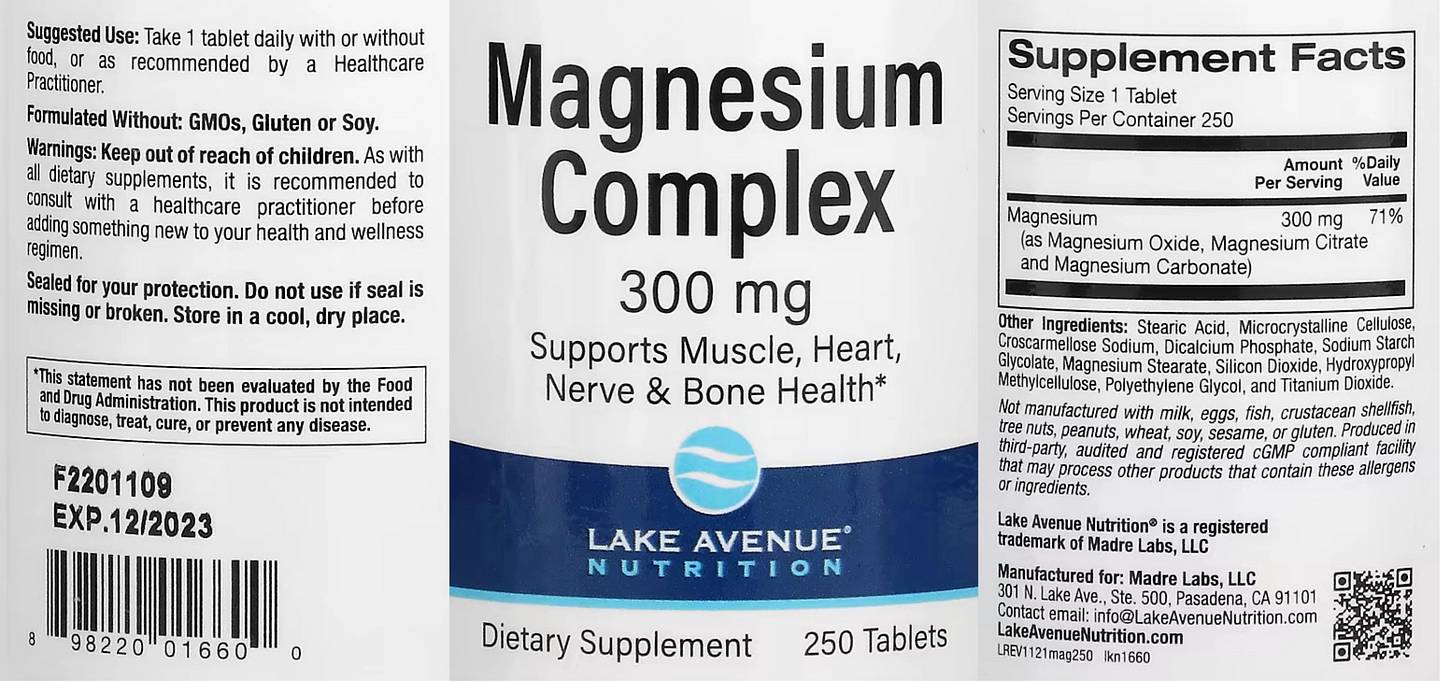 Lake Avenue Nutrition, Magnesium Complex label