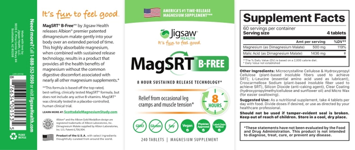 Jigsaw Health, MagSRT B-Free, Time-Release Magnesium label