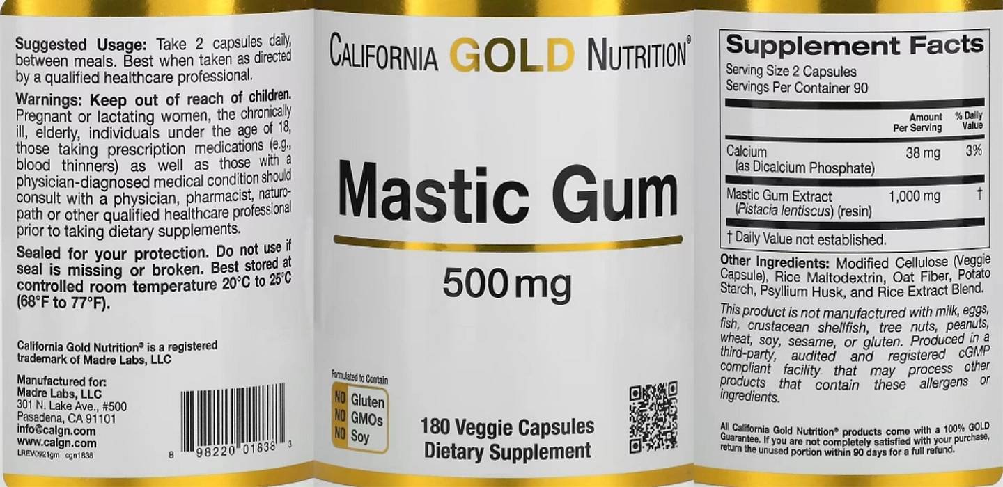 California Gold Nutrition, Mastic Gum label