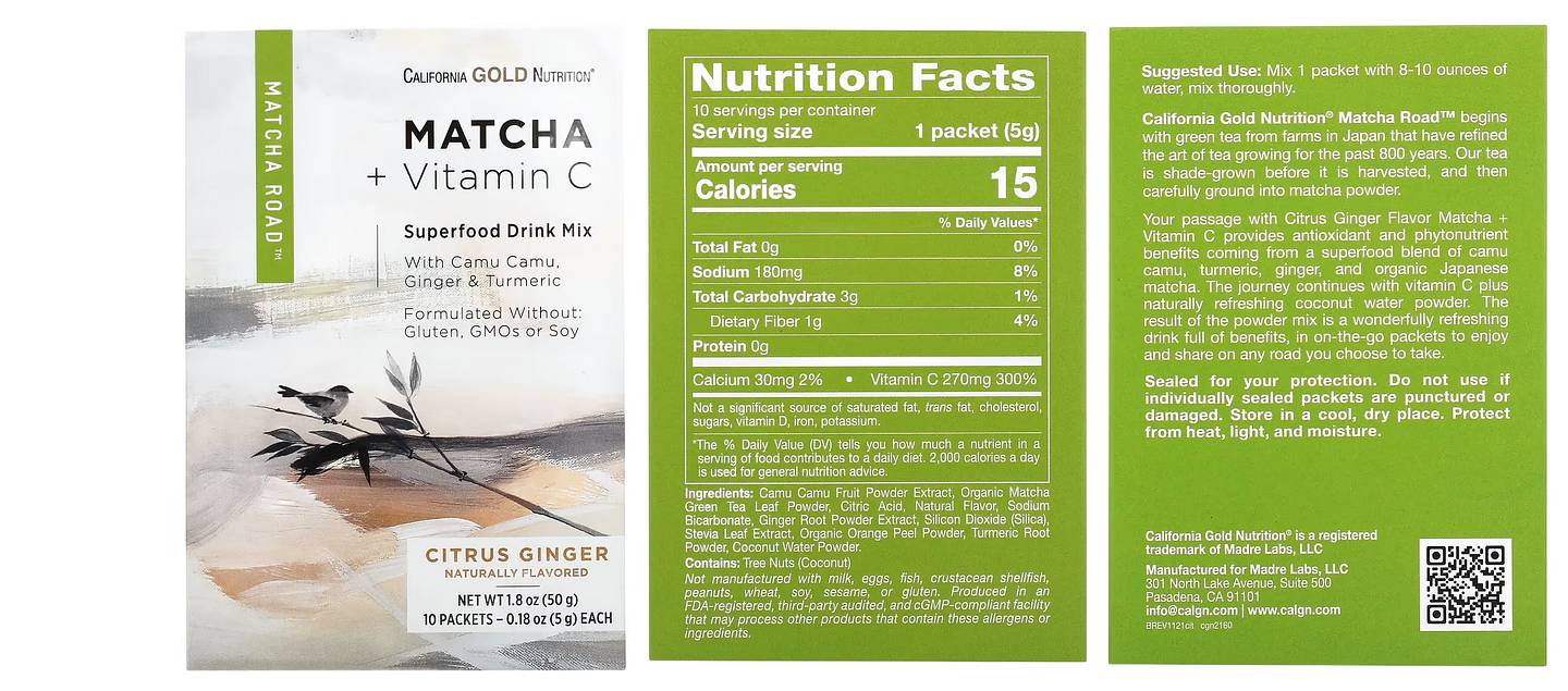 California Gold Nutrition, MATCHA ROAD, Matcha + Vitamin C - Citrus Ginger packaging