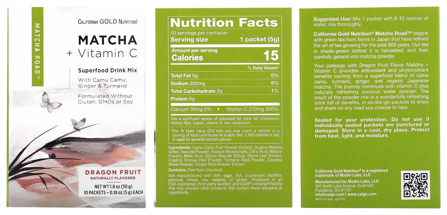 California Gold Nutrition, MATCHA ROAD, Matcha + Vitamin C - Dragon Fruit packaging