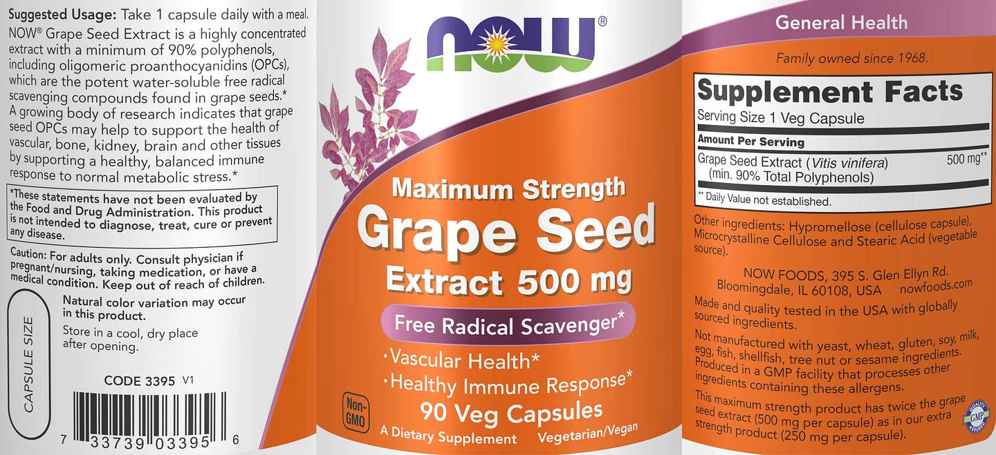 NOW Foods, Maximum Strength Grape Seed Extract label