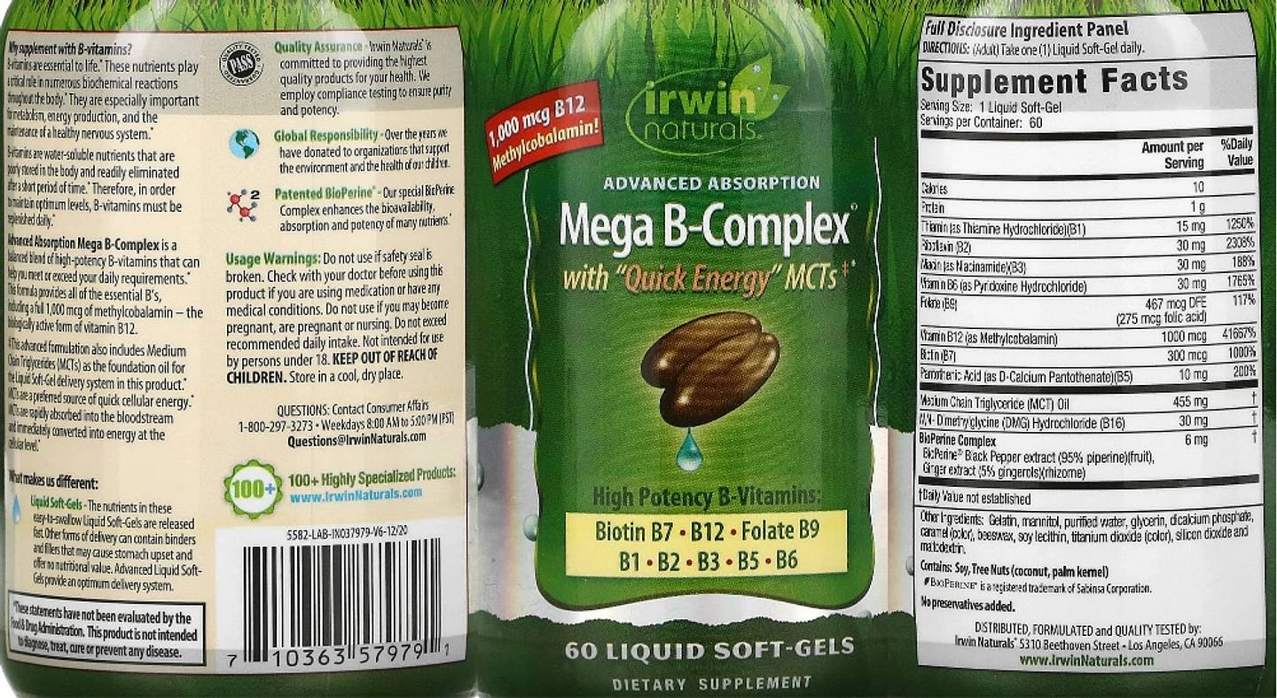 Irwin Naturals, Mega B-Complex with Quick Energy MCT's label