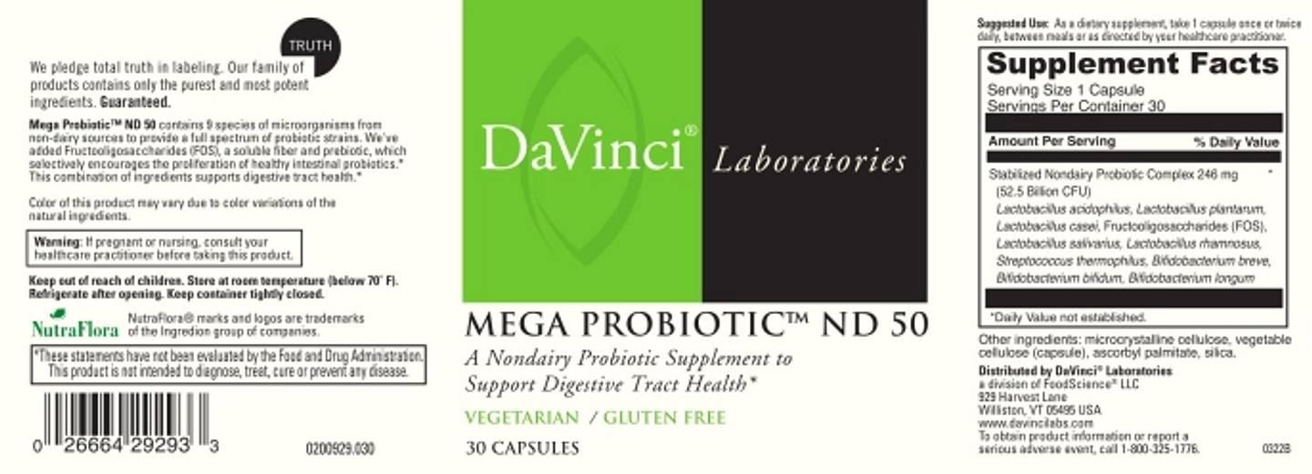 DaVinci Laboratories of Vermont, Mega Probiotic ND 50 label