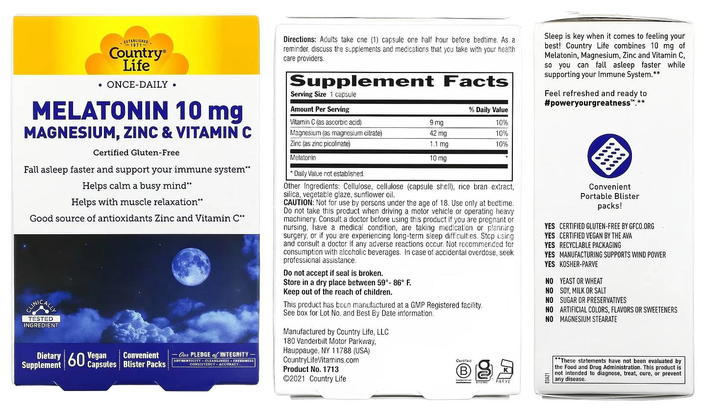 Country Life, Melatonin 10 mg Magnesium packaging