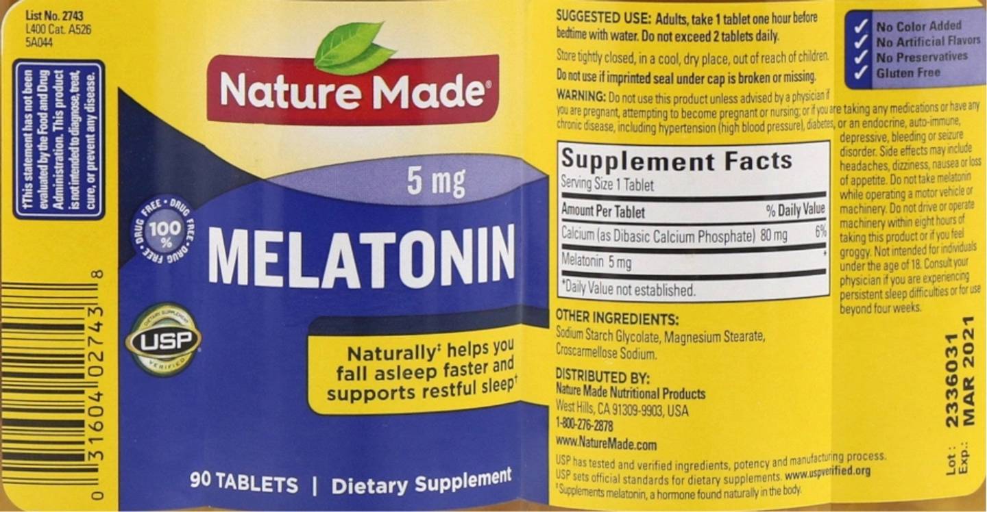 Nature Made, Melatonin label