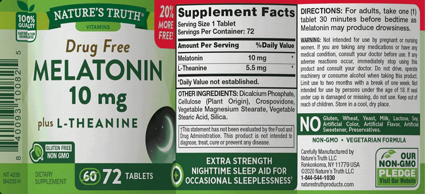 Nature's Truth, Melatonin Plus L-Theanine label