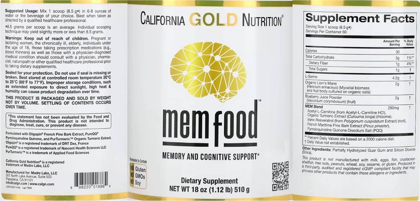 California Gold Nutrition, MEM Food, Memory & Cognitive Support label