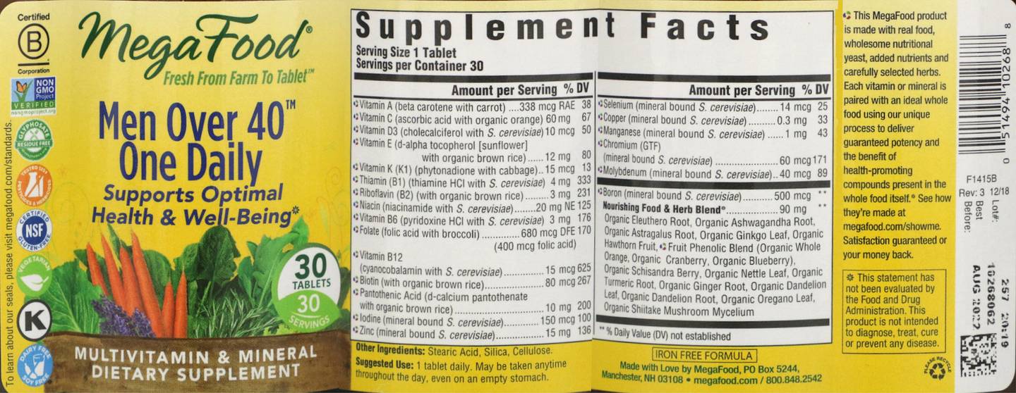 MegaFood, Men 40+ One Daily Multivitamin label