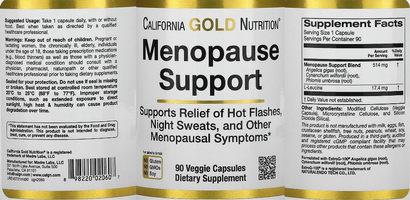 California Gold Nutrition, Menopause Support label