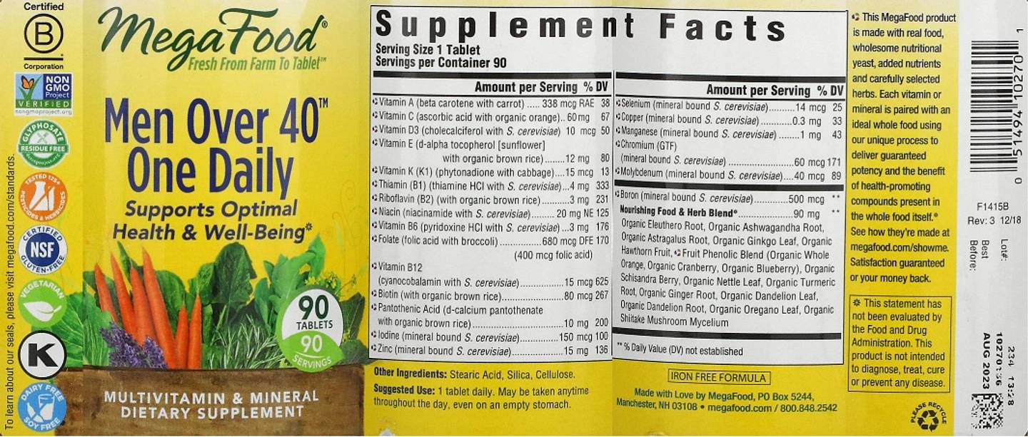 MegaFood, Men's 40+ One Daily Multivitamin label