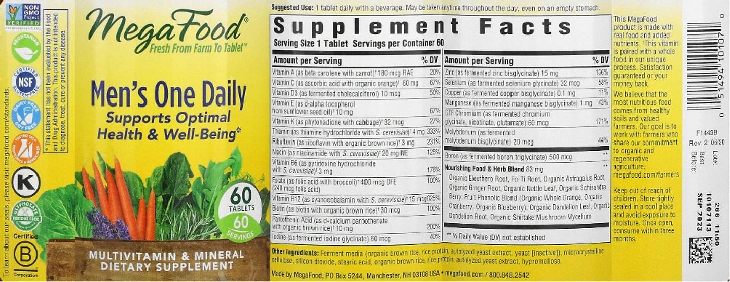 MegaFood, Men's One Daily Multivitamin label