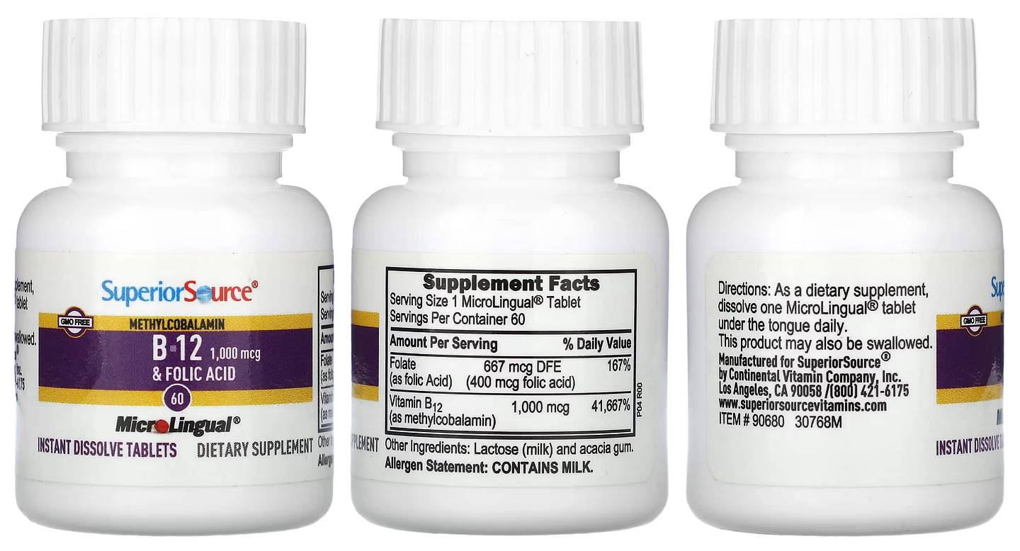 Superior Source, Methylcobalamin B-12, Folic Acid packaging