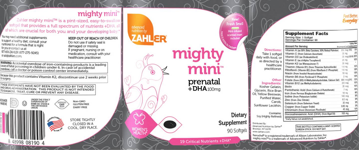 Zahler, Mighty Mini Prenatal + DHA label