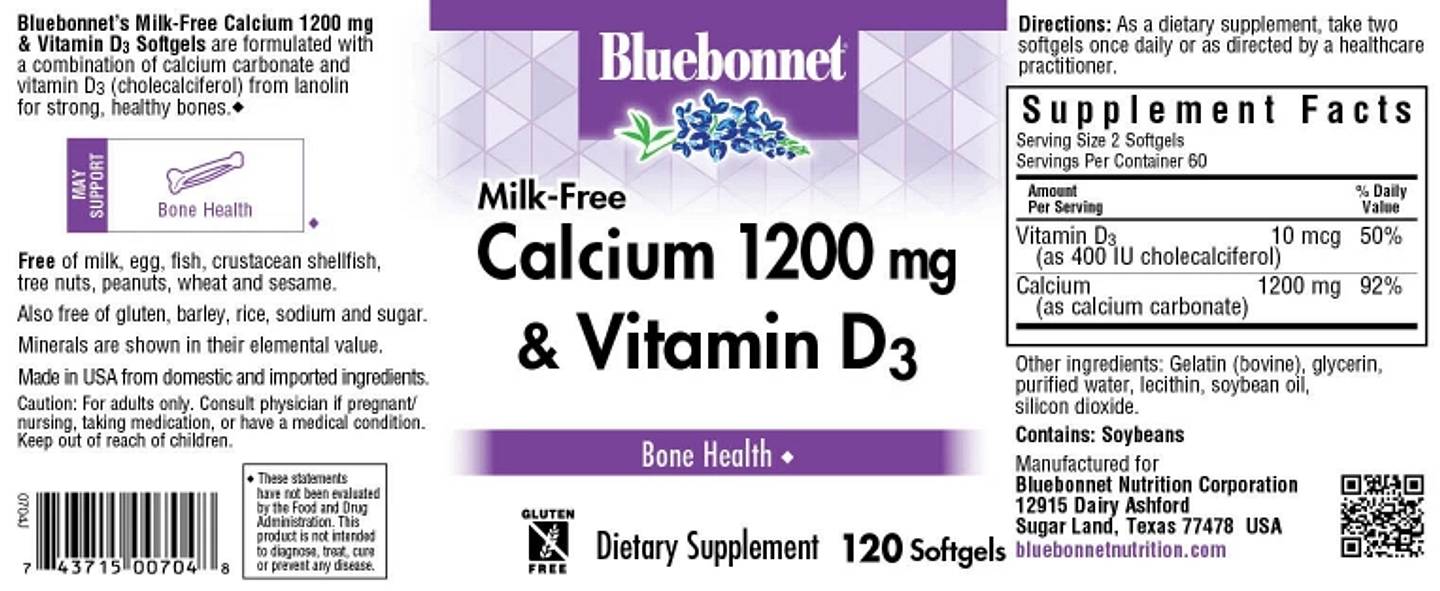 Bluebonnet Nutrition, Milk-Free Calcium & Vitamin D3 label