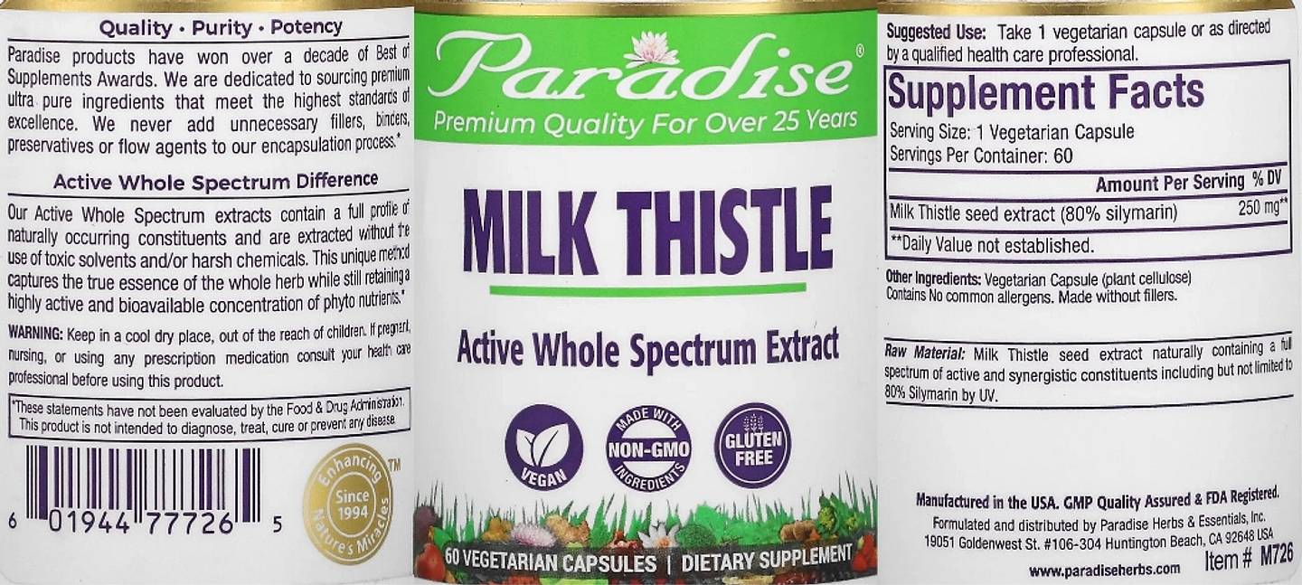 Paradise Herbs, Milk Thistle Extract label