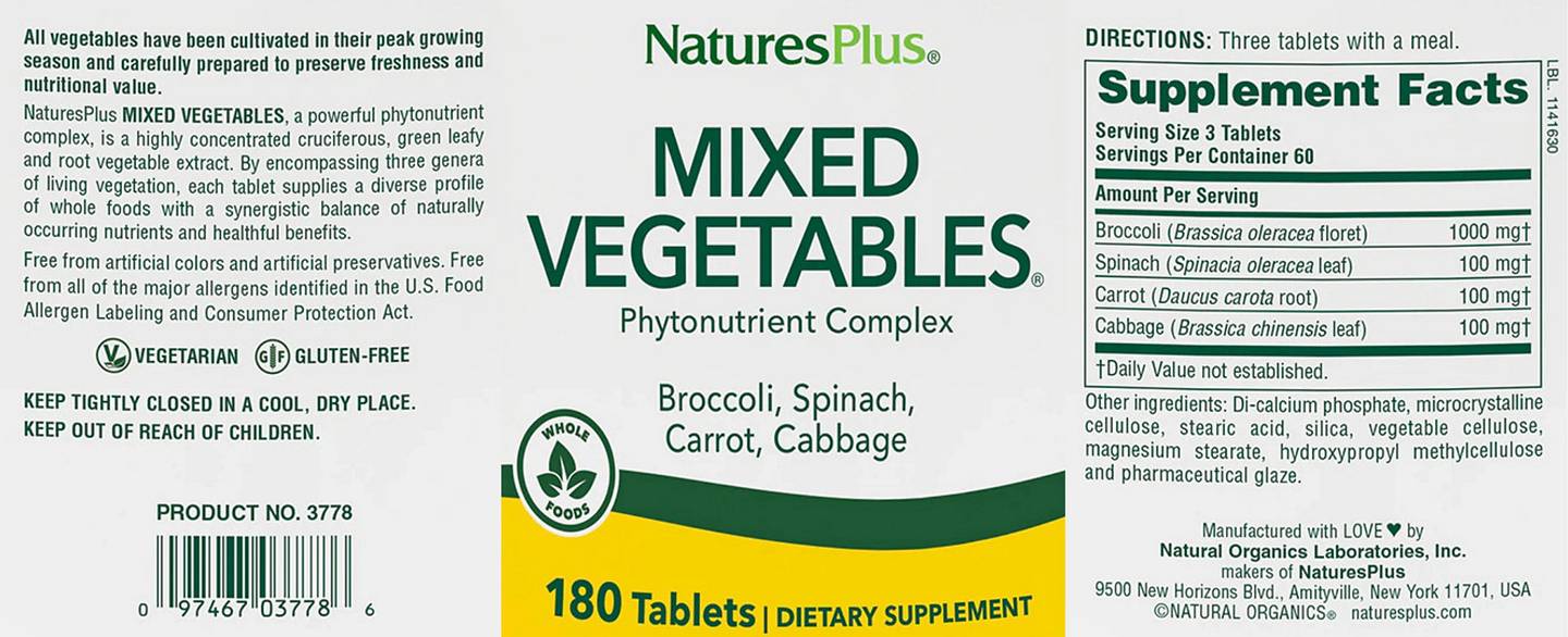 NaturesPlus, Mixed Vegetables label