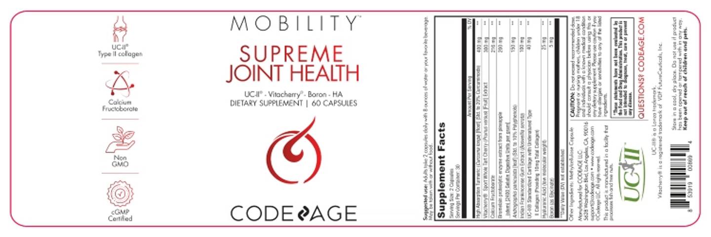 Codeage, Mobility, Supreme Joint Health, UC-II, Vitacherry, Boron, HA label