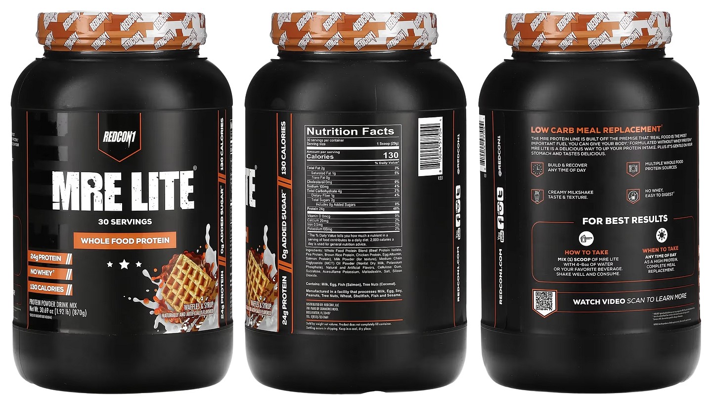 Redcon1, MRE Lite, Whole Food Protein, Waffles & Syrup packaging