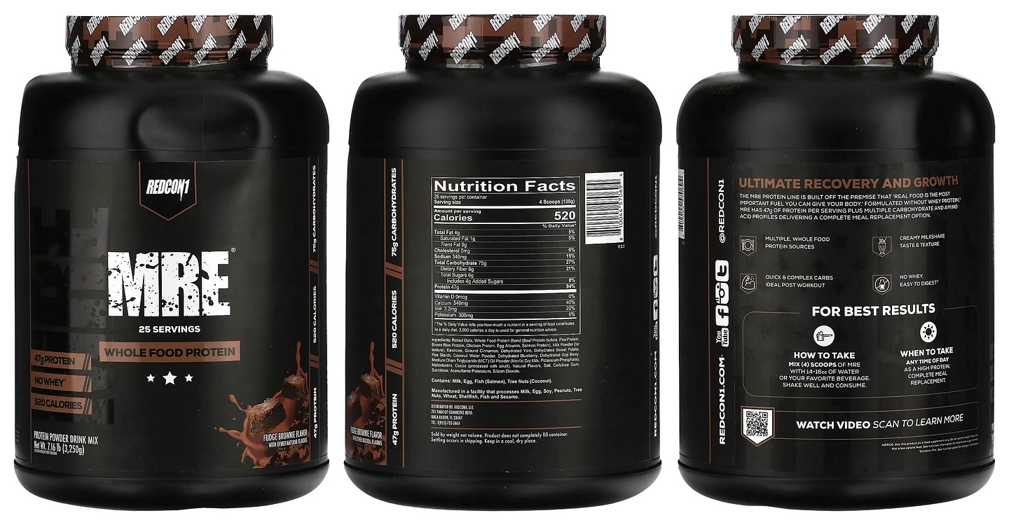Redcon1, MRE, Whole Food Protein, Fudge Brownie packaging