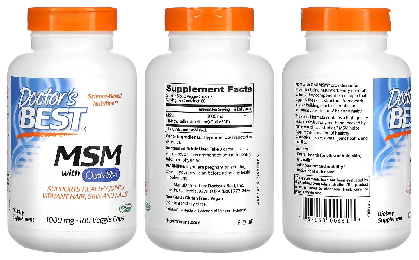 Doctor's Best, MSM with OptiMSM packaging