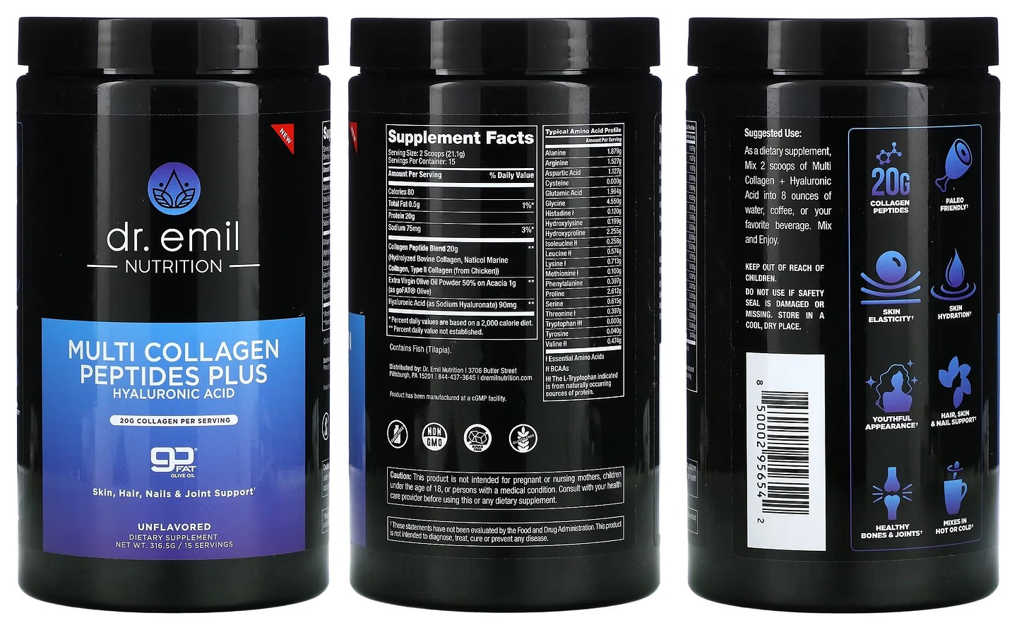 Dr. Emil Nutrition, Multi Collagen Peptides Plus Hyaluronic Acid Powder packaging