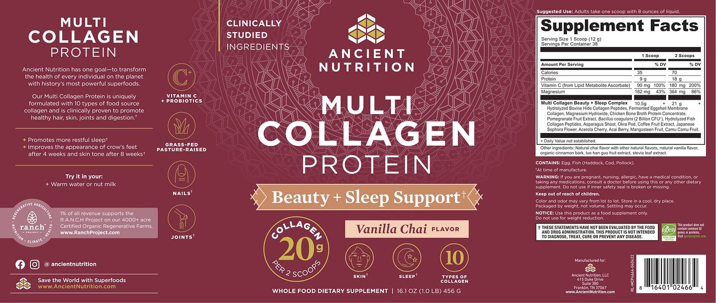 Ancient Nutrition, Multi Collagen Protein, Beauty + Sleep Support, Vanilla Chai label