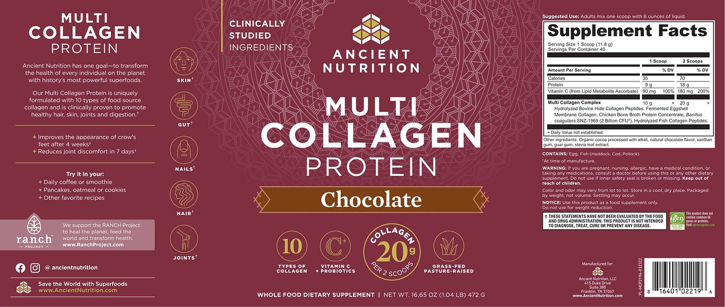 Ancient Nutrition, Multi Collagen Protein, Chocolate label