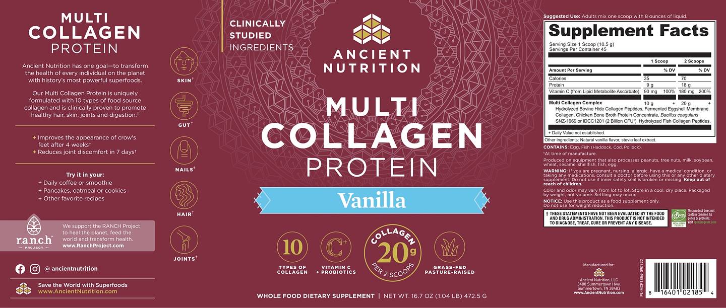 Ancient Nutrition, Multi Collagen Protein, Vanilla label