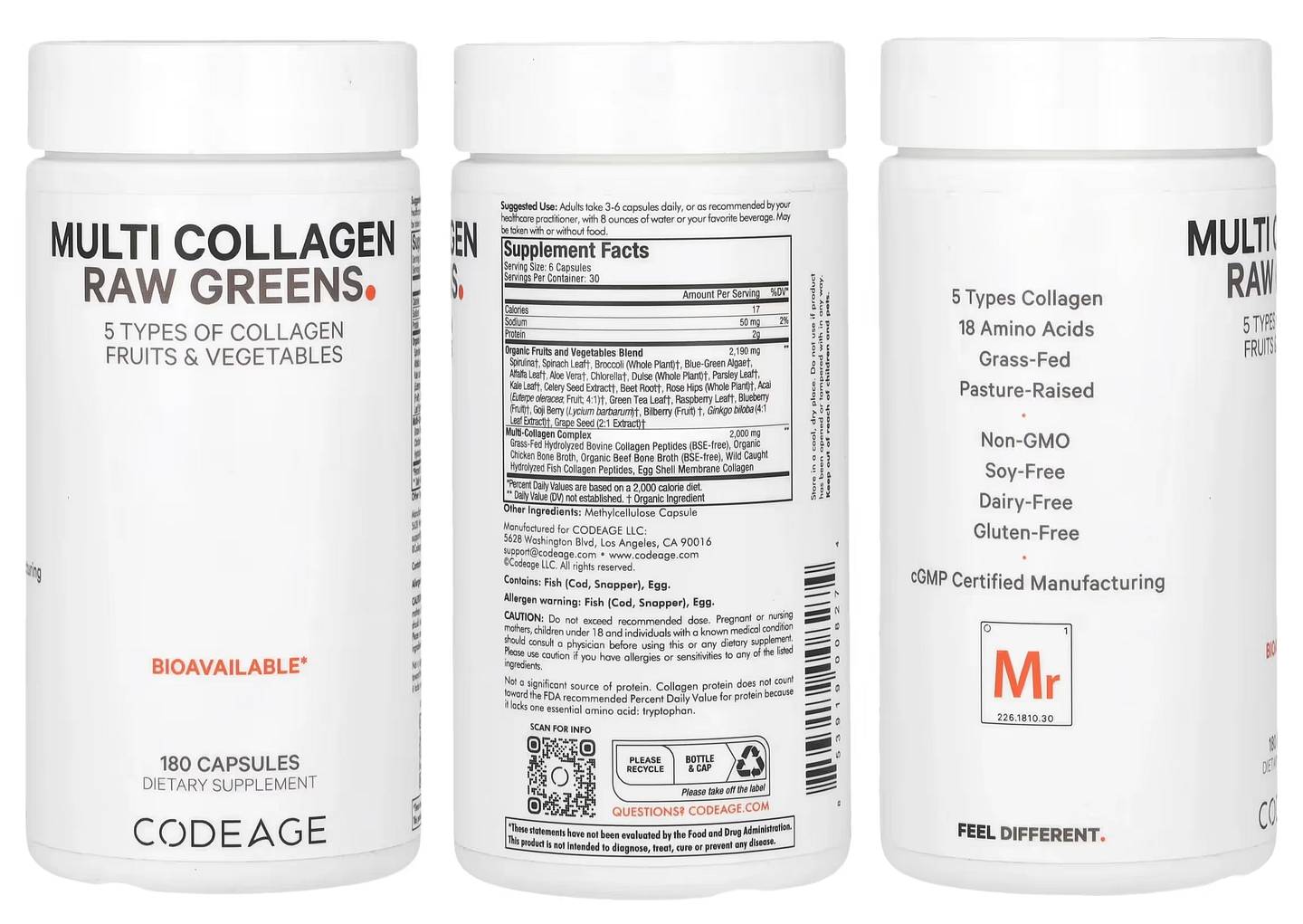 Codeage, Multi Collagen Raw Greens packaging