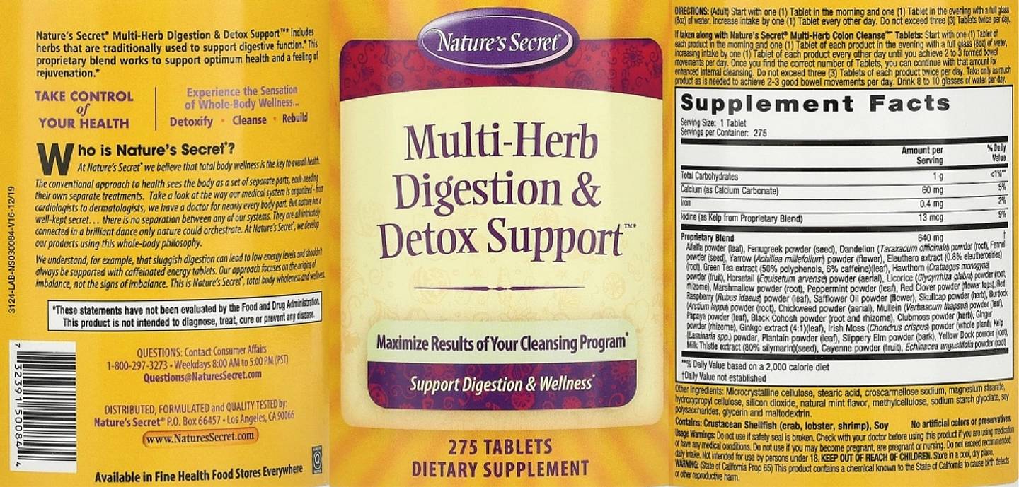 Nature's Secret, Multi-Herb Digestion & Detox Support label