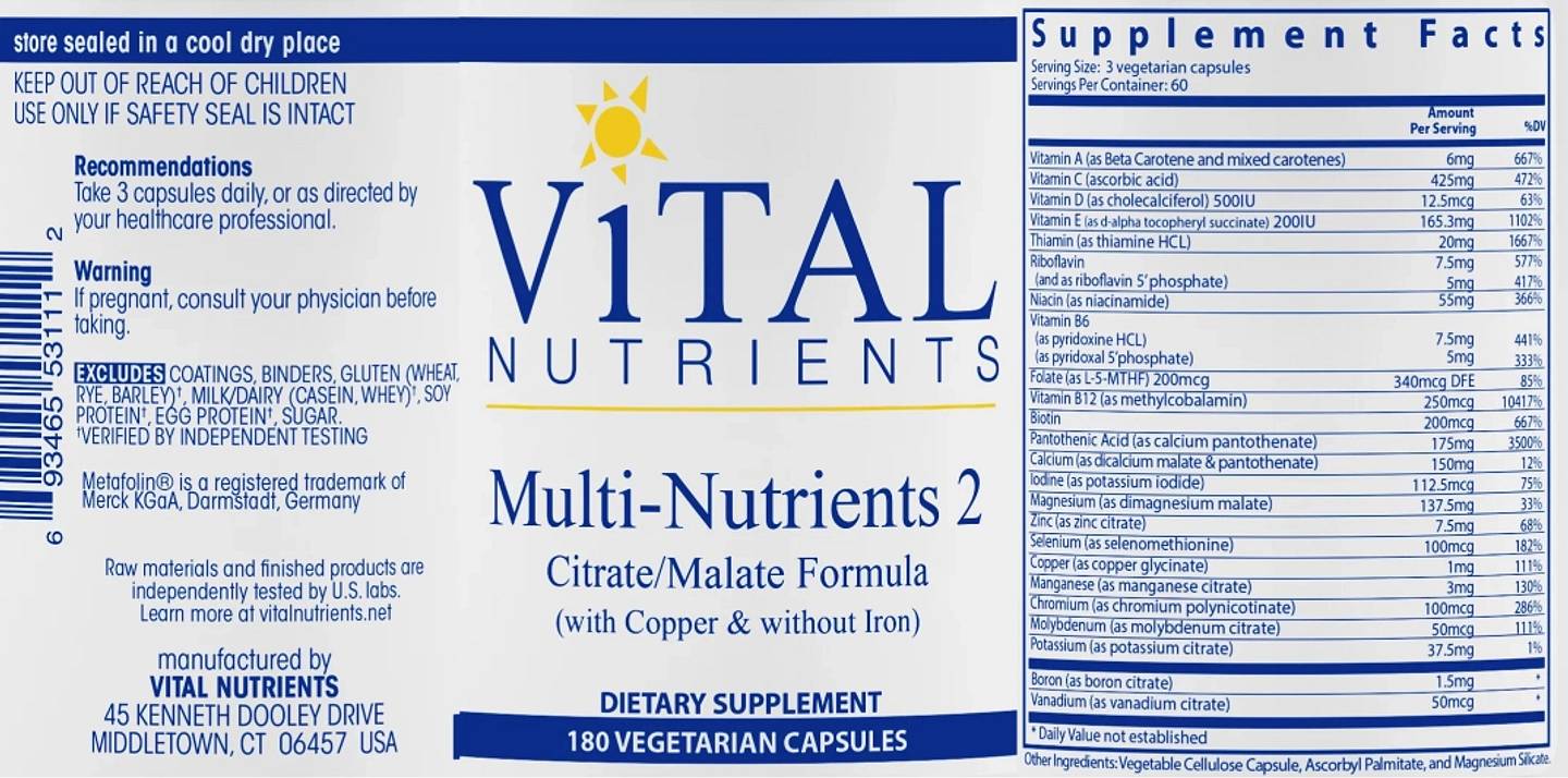 Vital Nutrients, Multi-Nutrients label