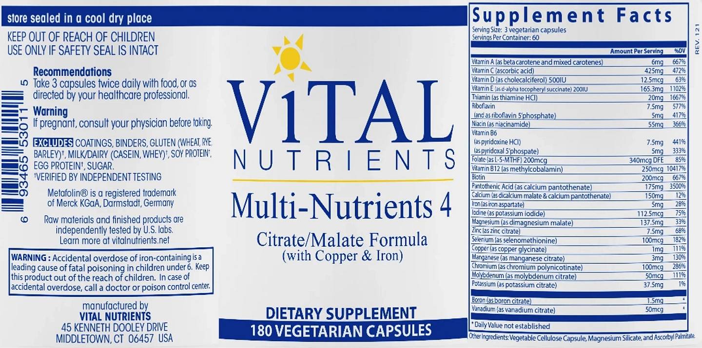 Vital Nutrients, Multi-Nutrients (with Copper & Iron) label