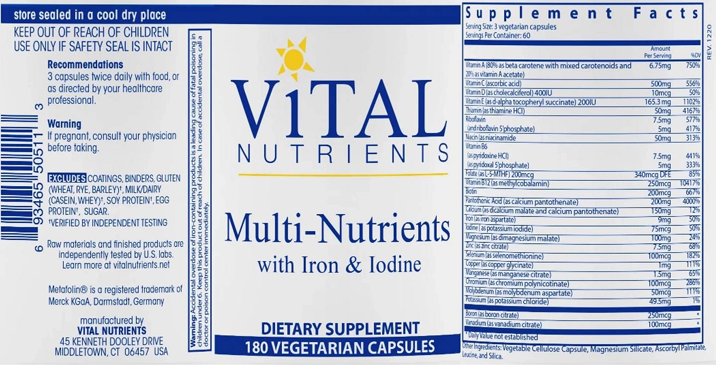 Vital Nutrients, Multi-Nutrients (with Iron & Iodine) label