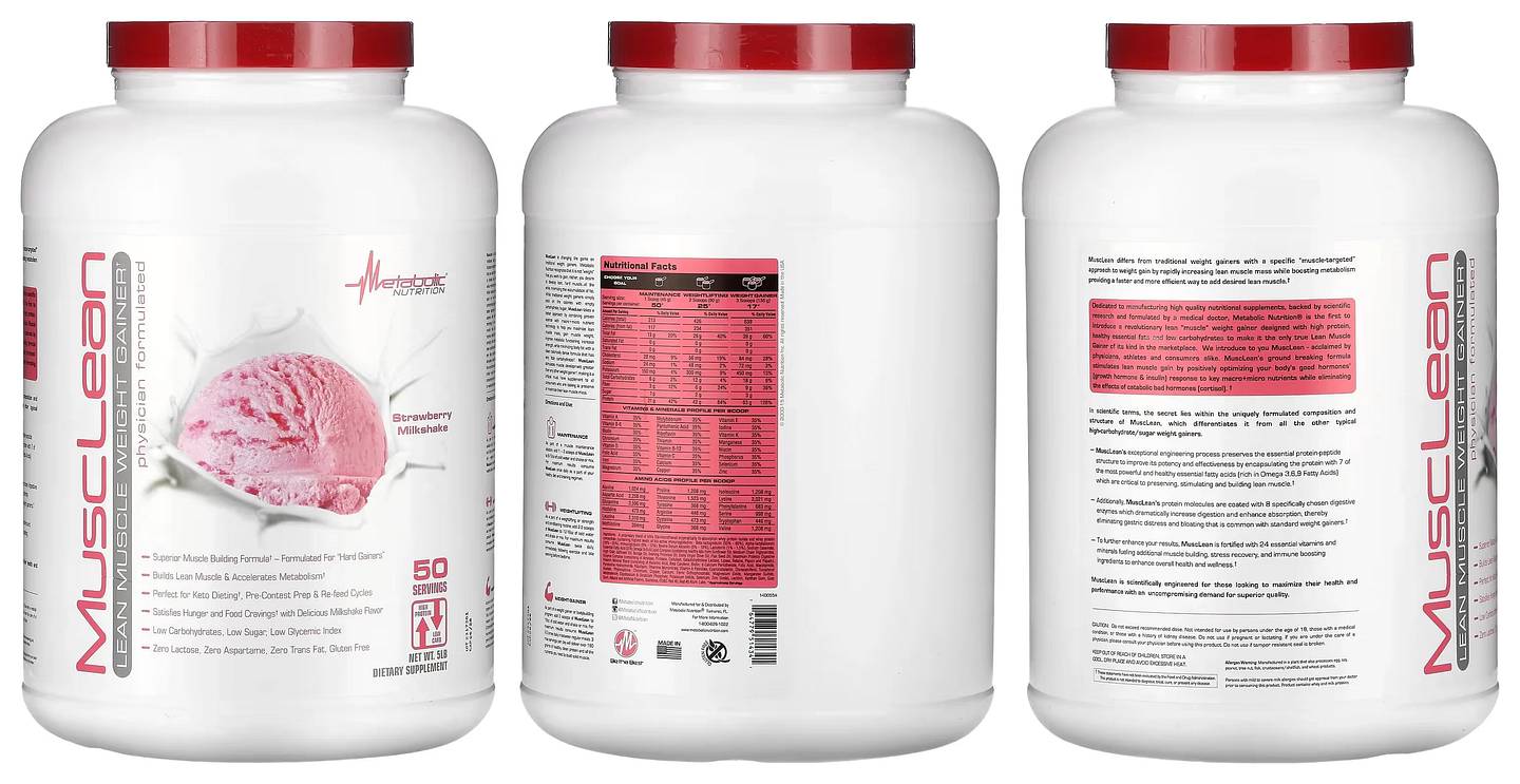 Metabolic Nutrition, MuscLean, Lean Muscle Weight Gainer, Strawberry Milkshake packaging