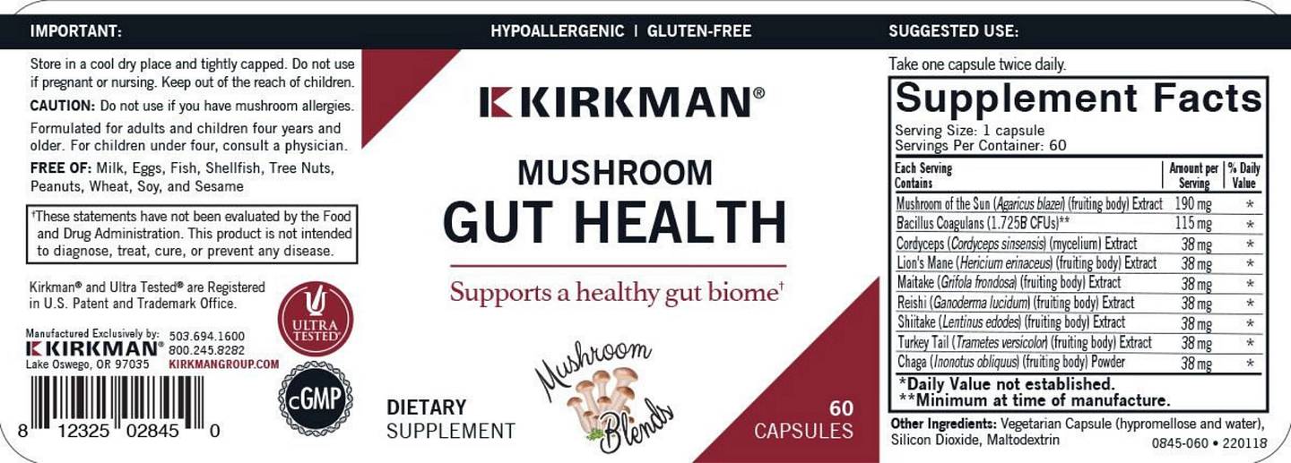 Kirkman Labs, Mushroom, Gut Health label