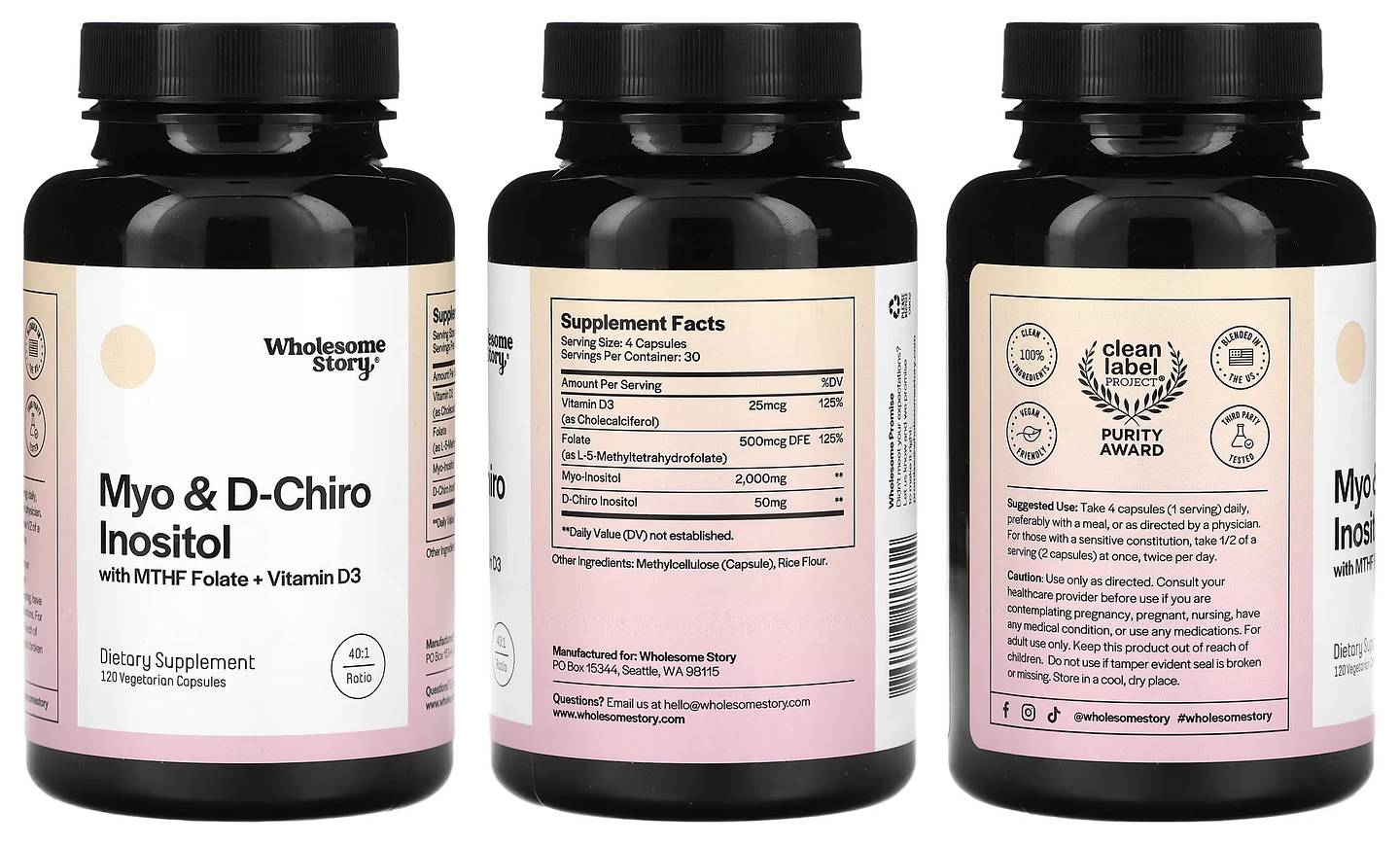 Wholesome Story, Myo & D-Chiro Inositol with MTHF Folate + Vitamin D3 packaging