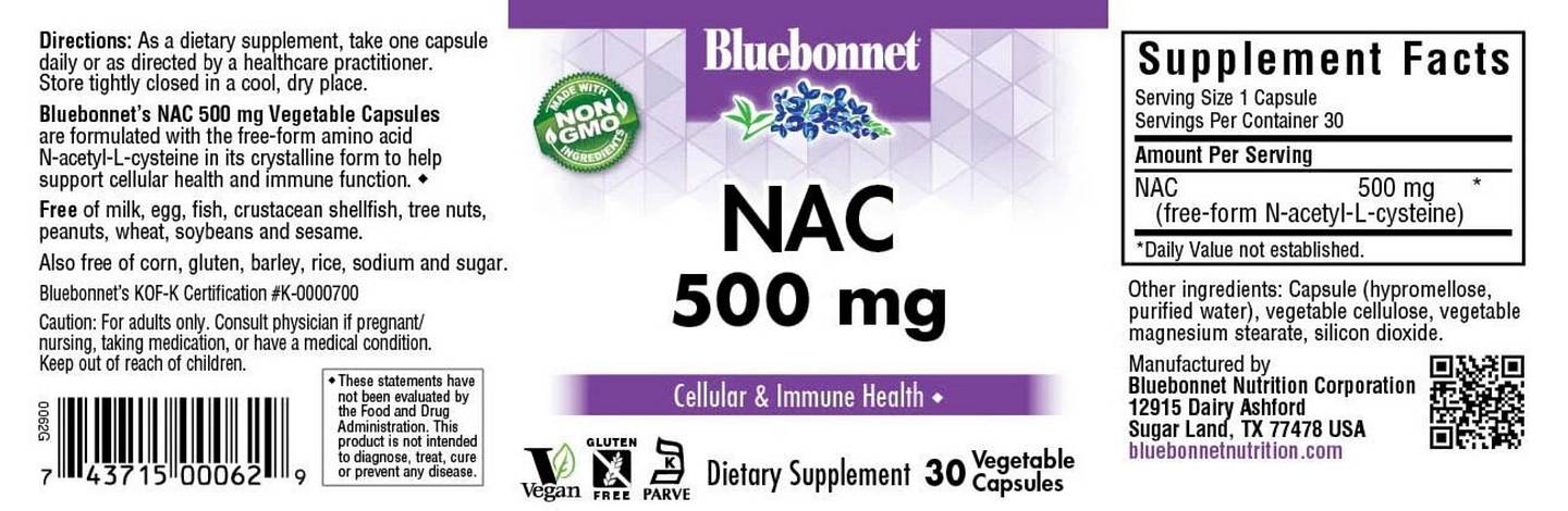 Bluebonnet Nutrition, NAC, 500 mg label