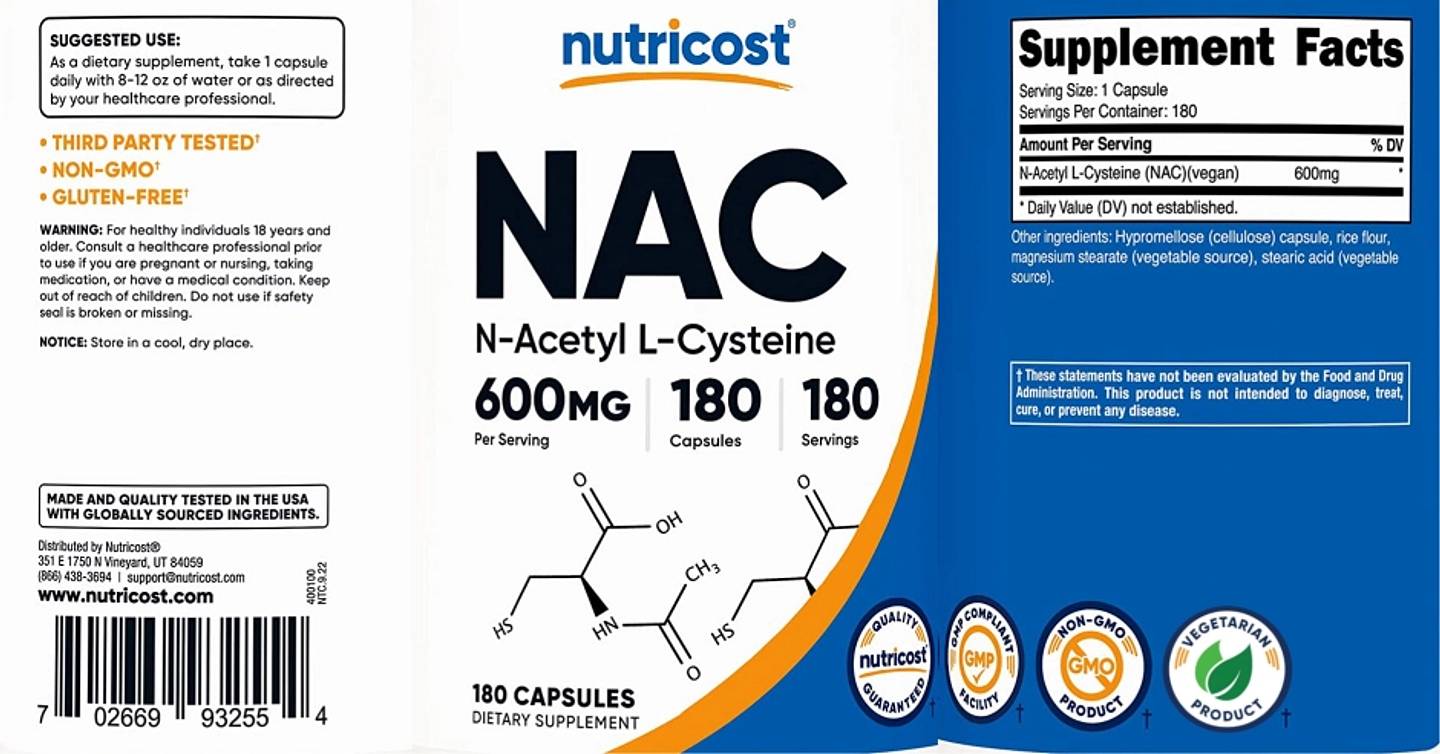 Nutricost, NAC 600 mg label