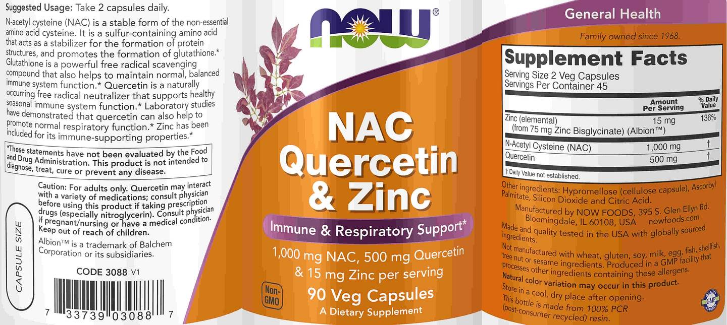 NOW Foods, NAC Quercetin & Zinc label