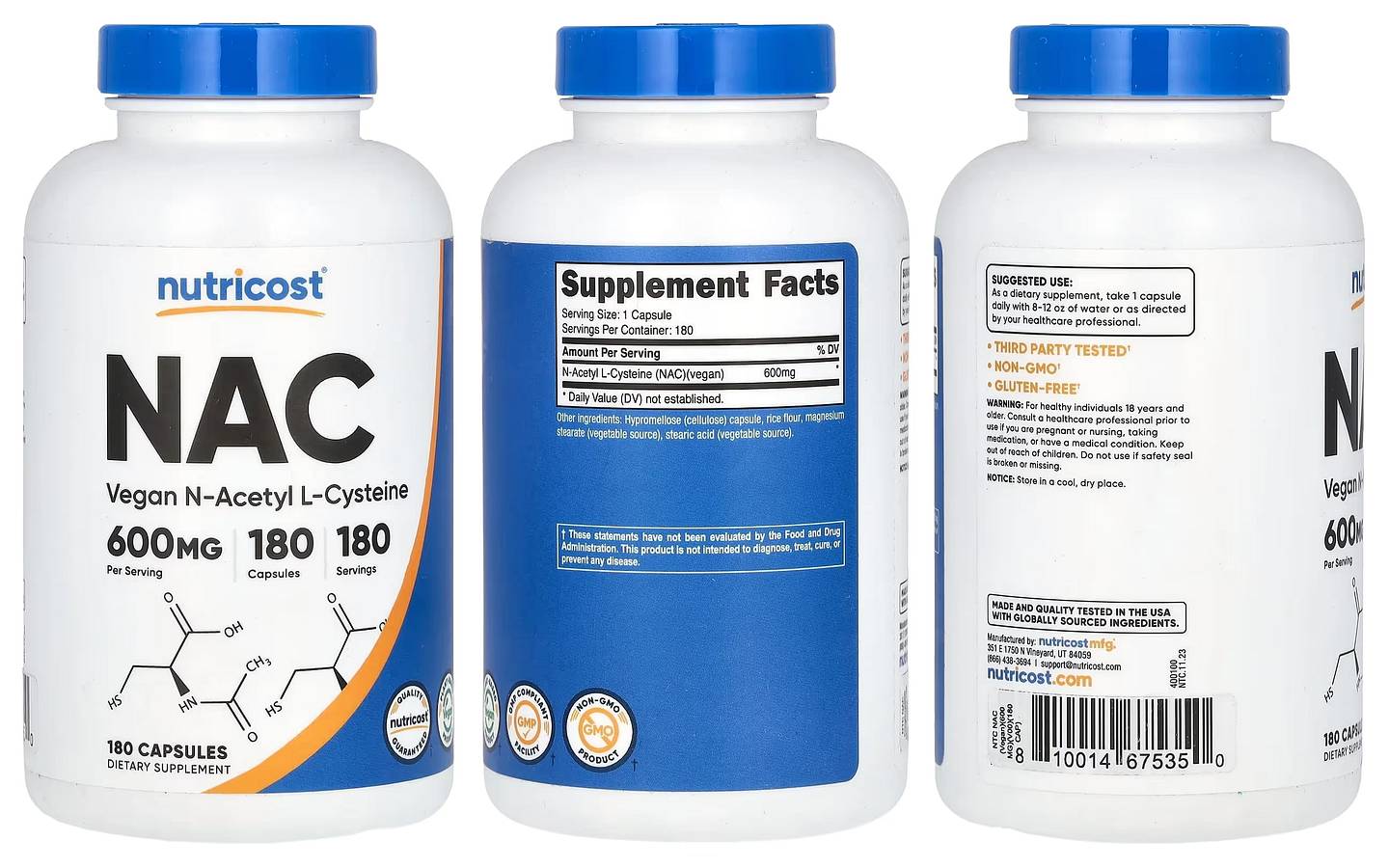 Nutricost, NAC, Vegan N-Acetyl L-Cysteine, 600 mg packaging