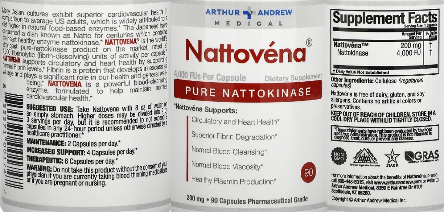 Arthur Andrew Medical, Nattovena, Pure Nattokinase, 200 mg label