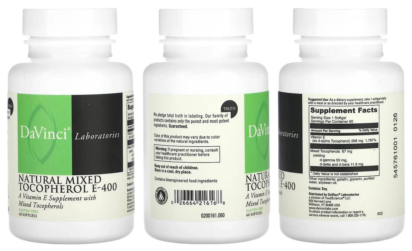 DaVinci Laboratories of Vermont, Natural Mixed Tocopherol E-400 packaging