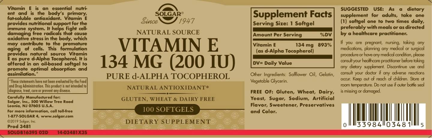 Solgar, Natural Source Vitamin E label