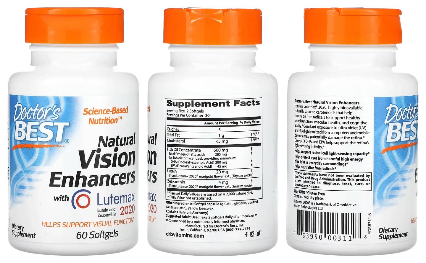 Doctor's Best, Natural Vision Enhancers with Lutemax 2020 packaging