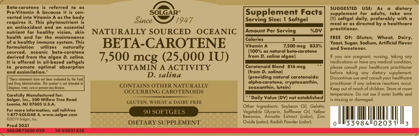 Solgar, Naturally Sourced Oceanic Beta-Carotene label